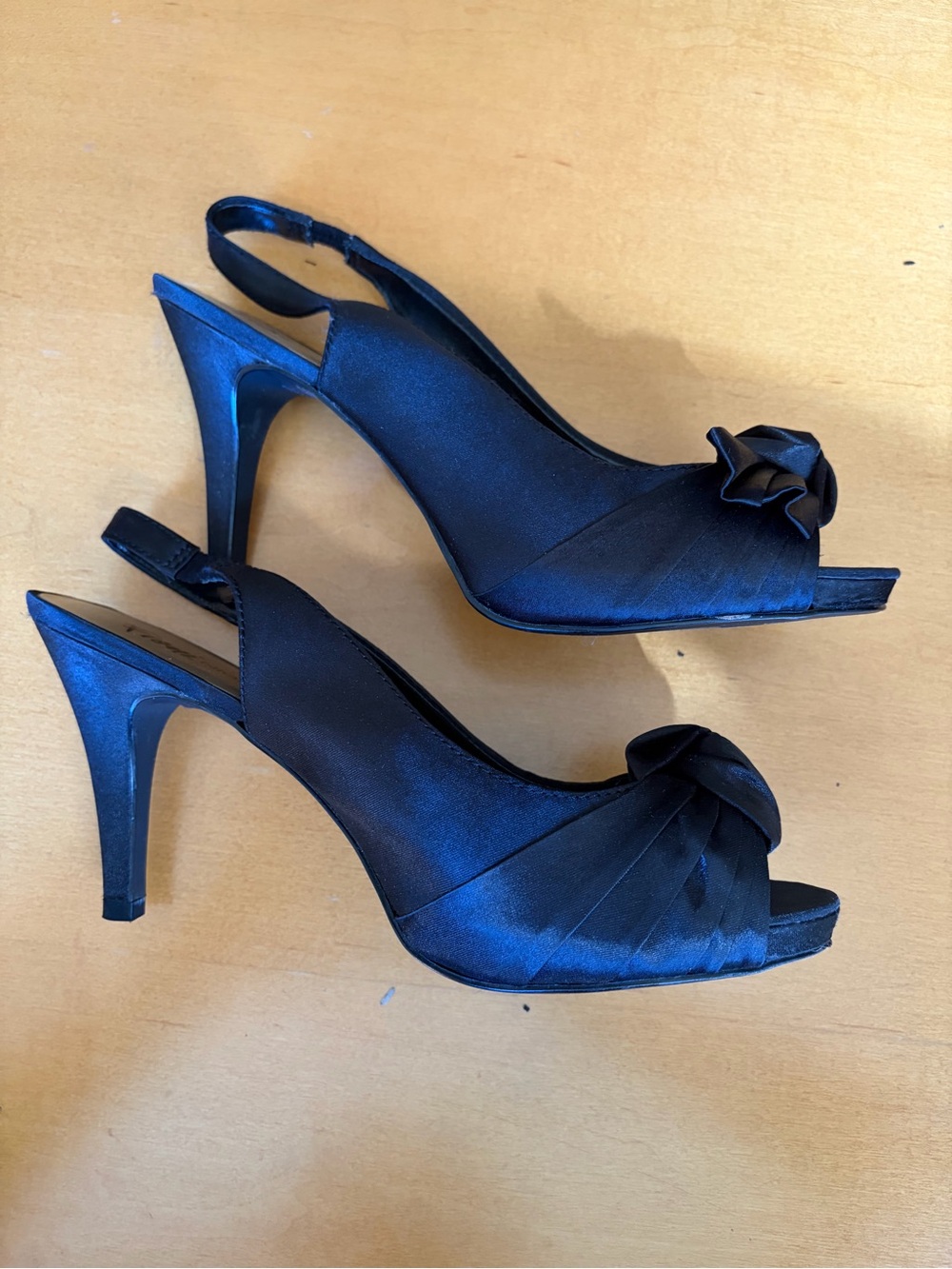 FIONI Clothing Black Satin Peep-Toe Slingback Heels with Knot Detail